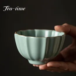 Teaware 125ml tigela de chá de porcelana azul artesanal ru forno xícara de chá de cerâmica xícara de pétala de lótus xícara de chá kung fu copo único copo mestre especial presentes