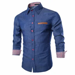 Qnpqyx taktisk affär denim skjorta män casual jeans klänning skjorta camisa social maskulina smal fit blus höst långärmad blusa