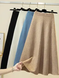 Etekler Surmiitro örgü uzun midi etek kadın kış sıcak Kore moda mavi siyah zarif bel bir çizgi etek dişi 230506