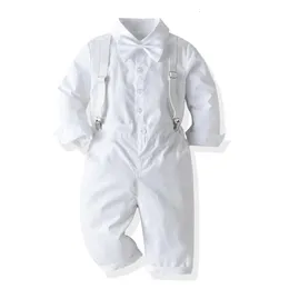 Passende Familienoutfits für Kinder und Jungen, formelle Kleidung, Anzug, weißes Schleifenhemd, Langarm, Taufkleid, solide Hosenträger, Hosen, Party, Hochzeit, hübsches Kleinkind-Set 230506