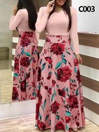 Parti elbiseleri moda ince çiçek baskı renk bloğu uzun kollu elbise bayanlar yuvarlak boyun büyük salıncak maxi elbiseler kadınlar için vestidos de mujer 230506