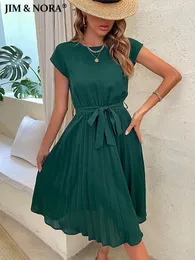 Party Dresses JIM NORA Elegant Women Summer Casual Beach Sundress Short Sleeve Midi Dress Soild Colour O Neck Dresses Fashion 230506