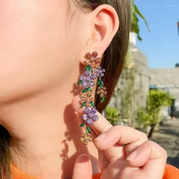 Dingle örhängen beaqueen lyx lång droppblomma stora dinglande unika örhängen multicolor boho cz crystal klänning smycken tillbehör för kvinnor