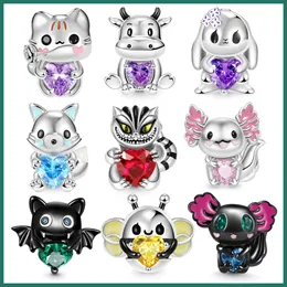 925 Silver Fit Pandora Charm 3D Cat, Newt, Arctic Fox, Heart Hugging Series Beaded Cute Cartoon Animals Bead Dangle Fashion Charms Set Pendant DIY Fine Beads Jewelry