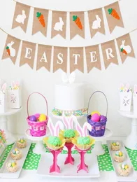2pcs Easter Rabbit Burlap Banners Bunny Carrot Hanging Bunting Garland Banner Decorations for Themed Decor Party Supplies4559989