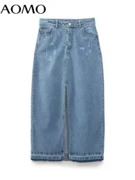 Saias AOMO Mulheres azul rasgado saia jeans vintage Pocket Pocket Ladies Chic Maxi Saias 6H261a 230506