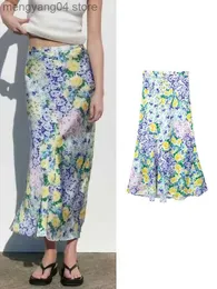 التنانير traf جديدة للسيدات الأزهار المطبوعة Midi Skirt 2023 الصيف أنثى عالية الخصر الأنيقة A-line فستان خمر نمط الشاطئ منتصف العرف T230506
