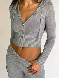 Women's Knits Boho Inspired Gray Zip Up Knit Sweater Women Long Sleeve V-neck Hooded Cropped Cardigan Winter Tops