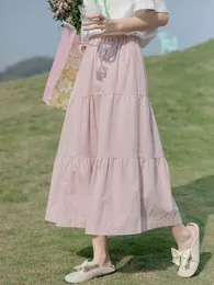 Saias de moda coreana rosa saia longa feminina harajuku retchwork elástico cintura alta uma linha de saia preppy estilo casual loldas largas 230506