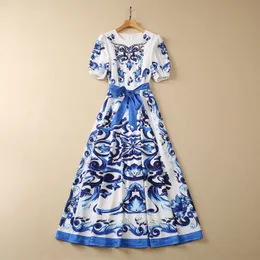 2023 Summer Blue and White Porcelain Print Belted Dress Short Sleeve Round Neck Rhinestone Long Maxi Casual Dresses S3W030427