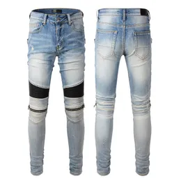 Korea Fashion Amiryes Men jasnoniebieskie szczupłe splatanie prania proste motocyklowe jeansy