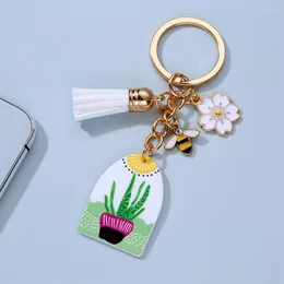 Keychains Creative Fashion Plastic Cactus Pattern Key Chain Alloy Sun Flower Bee Small Pendant Satchel Hanging Accessories