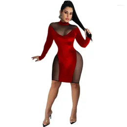 Casual Dresses African Sexy Sheer Mesh Dress Women Patchwork Velvet Mini Spring Long Sleeve Night Club Bodycon For Woman Vestioder