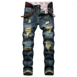 Men's Jeans Fashion Dark Blue Ripped Men Motorcycle Long Denim Pants Destroyed Cotton Casual Holes Ruined Trousers Plus Size 40 42