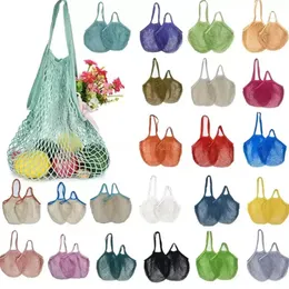 DHL Mesh Bags Washable Reusable Cotton Grocery Net String Shopping Bag Eco Market Tote for Fruit Vegetable Portable short and long handles Wholesale