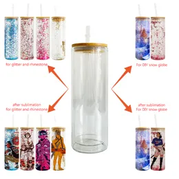 USA Warehouse 20oz Double Wall Snow Globe Glass Mugs Tumbler with Bamboo Lid and Plastic Straw Fit 3mm Glitter for Iced Coffee Soda Cups