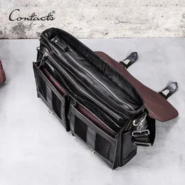 Briefcases CONTACT'S vegetable leather men briefcase for lawyers 13inch laptop handbag ipad large vintage business male messenger bag Black 230506