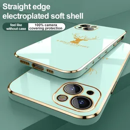 Luxury Casing For iPhone 14 Plus Case Luxury 6D Square Plating Deer Head Cover For iPhone14 15 13 12 11 Pro Max iPhone13 iPhone12 Mini Case