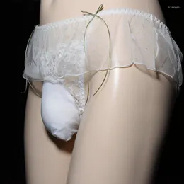 Zasłabia Kawaii Bow Lace Briefs wypukły woreczka penis osażona penis męska bieliznę Cosplay Summer Japanse Sexy bielizna kalcynha slip tanga sznurek