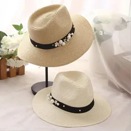 Stingy Brim Hats Spring Summer For Women Flower Beads Wide Brimmed Jazz Panama Hat Sun Visor Beach Pearl Rivet Straw