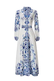 2023 Sommer Weiß Blau Paisley-Druck Gürtelkleid Langarm Revers Hals Knöpfe Einreiher Lange Freizeitkleider D3W031712