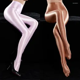 Donne calze taglie forti glossici collant raso lucido sexy pieghe a cavallo aperto pole clubwear olio luccicante leggings di fitness opaco lucido