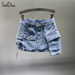 Signe Soefdioo Fashion Pocket Irregolare Cargo Denim Skirt Women Abbigliamento Estate 2023 Sexy A Line Hip Female Bottoms Streetwear 230506