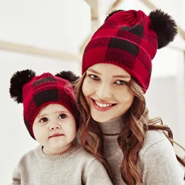 베레트 겨울 양모 공부 부모-자녀 모자 격자 어머니 아기 크리스마스 따뜻한 디비전 게임 cm 펑크