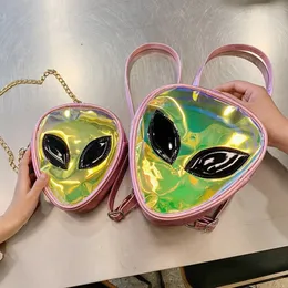 Kvällspåsar mini transparent ryggsäck söta barnkedja shouler väska mochila feminina aliens mönster vattentät pvc telefon mynt väska kvinnor 230506