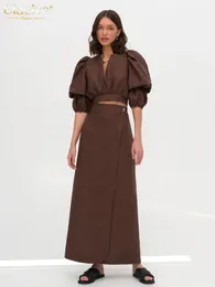 Two Piece Dress Clacive Fashion Loose Brown Linen 2 Set Women Outfit Summer Short Sleeve Crop Shirt With High Waist Long Skirts Female 230506