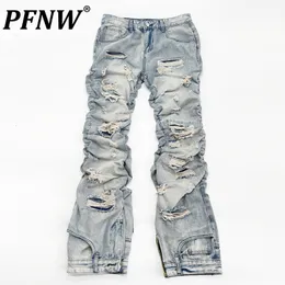 Męskie dżinsy Pfnw Spring Autumn zużyte niszowe design vintage dżinsowe spodnie długie szczupły dopasowane spodni mody 12A7717 230506