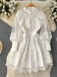 Casual Dresses Vintage Flower Embroidery Hollow Out Lace Dress Women's Stand Collar Long Lantern Sleeve Pearls Buttons Party Vestidos