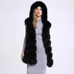 Pur 2023 Mulheres de inverno Longo elegante colete manchado fêmea encapuzada feminina espessa quente e fofo sem mangas jaqueta artificial de casaco artificial