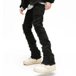 Heren jeans heren retro patchwork wijd uitlopende broek grunge grunge wilde gestapelde scheurde lange broek broek broek rechte y2k baggy gewassen vervaagde jeans voor mannen z0508