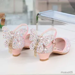 Sandaler Princess Kids Leather Shoes For Girls Glitter Butterfly Dress Banquet Party Children High Heel Shoe For Kids Girls Sandals