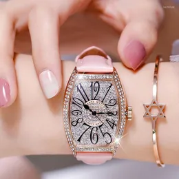 Wristwatches Tonneau Shaped Digital Diamond Dial Watch For Ladies Genuine Leather Strap Waterproof Quartz Wrist Wife Christmas Gift