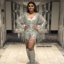 Vestido de baile curto de lantejoulas prateadas Sparkle 2023 Macacão de macacão Glitter Roupfits