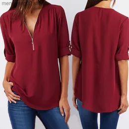 Kobiety damskie bluzki damskie szyfon bluzka w bluzce w dekolcie letnia jesień swobodne pół rękawie solidne topy luźne zamek błyskawiczne koszule plus rozmiar T230508