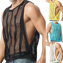 Herren Tanktops Herren Ärmellose Unterhemden Sexy Mesh Sheer Hollow Weste Durchsichtiges Fischnetz T-Shirt Muscle Tee Singlet 230506