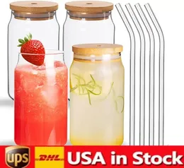 US STOCK Water Bottles Sublimation 16oz Glass Tumbler Cups With Bamboo Lid Reusable Straw Mug Beer Soda Can Drinking
