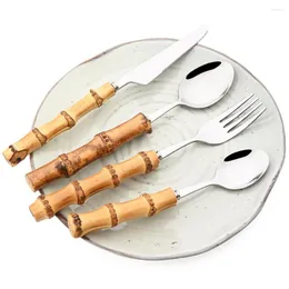 Flatware Sets Knife Fork Coffee Spoon Tableware Set Bamboo Handle Cutlery Mirror Stainless Steel Western Kitchen Dinnerware