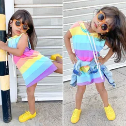 Girl S klänningar Pudcoco Kids Baby Girl Summer ärmlös Rainbow Striped Dress Outfit Sunsuit Clothes 230508