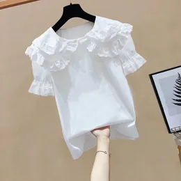 Roupas conjuntos de verão bebê criança adolescente meninas adolescentes babados de renda de renda branca manga curta camisa de garotas de garotas tops 6 8 10 12 anos 230508