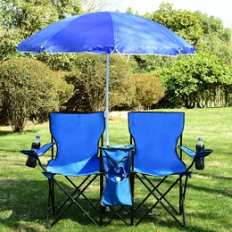 Costway Picknick-Doppelstuhl, faltbar, mit Regenschirm, Tischkühler, Strand-Campingstuhl, Erwachsene, blau