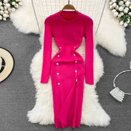 Casual Dresses Double Breasted Split Pack Hip Sweater For Woman O-neck Long Sleeve Fall Winter Knitted Dress Women Vestidos