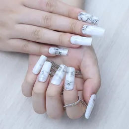 Falska naglar nagelkonstark som bär långa marmormönster färdiga lappar 24stillbehör