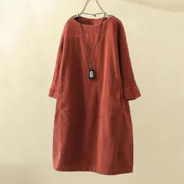 Lässige Kleider Damen Kleid Einfarbig Langarm O-Ausschnitt Lose Cordtaschen Midi Damenbekleidung Für Den Alltag