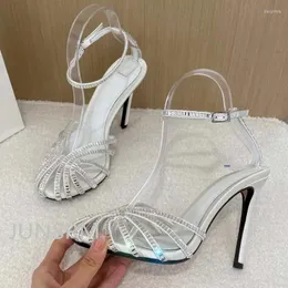 Sandały brokatowy dhinestone wysoki obcasy 2023 Summer Designer Pumps Ręcznie tkane puste buty do kostki.