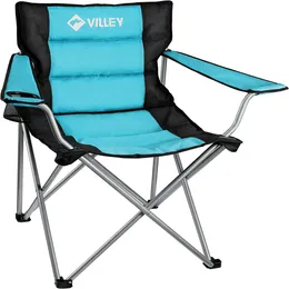 Krzesła kempingowe Villey, wyściełane składane krzesło, przenośne krzesło o wysokim obozie na zewnątrz, składane krzesło na zewnątrz z uchwytem na kubek, torba do przenoszenia, niebieski