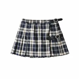 Skirts Women College Style Belt Buckle Decoration Plaid Pleated Skirt Female Girly Sweet Skirt 230508